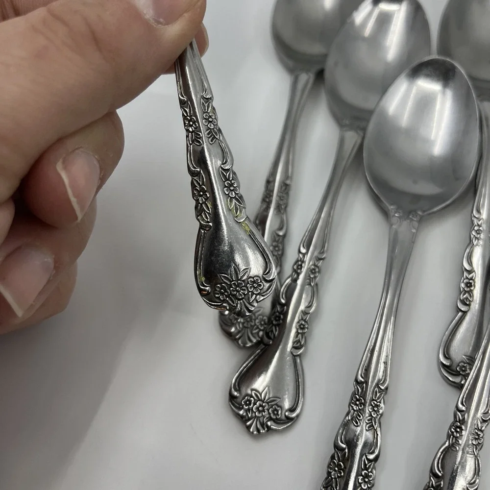 24 Rogers Rose Floral Glossy Stainless Flatware And Serving Spoon Fork Korea Vtg